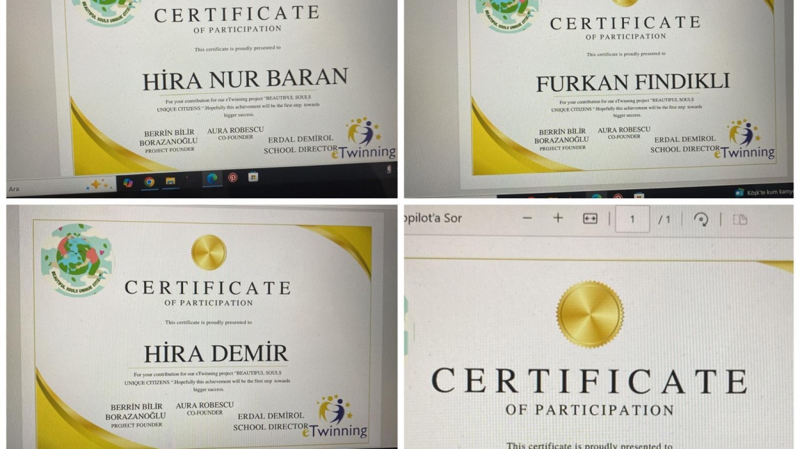 E Twinning Projesi Beatiful Souls Unique Citizens Projemizde Öğrencilerimiz Sertifika Aldı